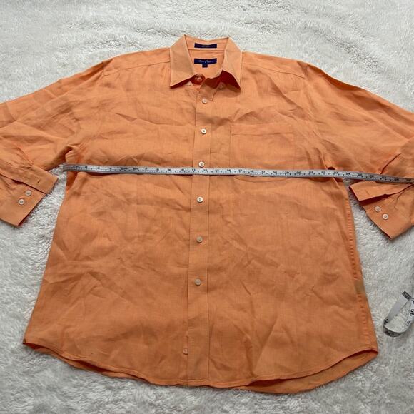 Alan Flusser Men's Linen Shirt Orange Button Up Short Sleeve VGC Sz L - Picture 4 of 6